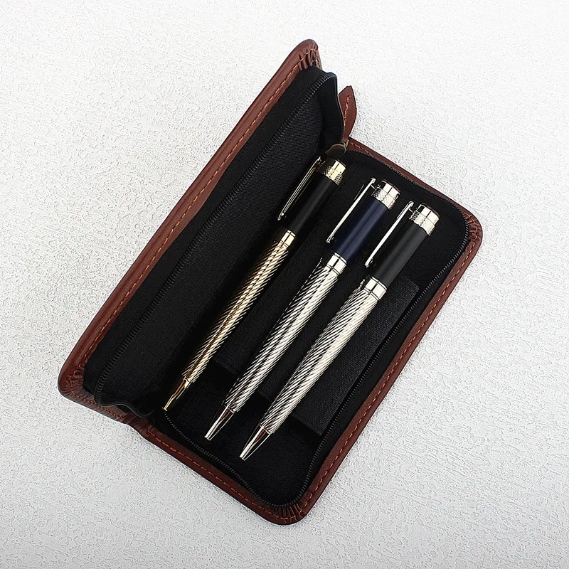 

3PCS Luxury Metal Ballpoint Pen 0.7MM Nib Leather Pencil Case for Travel Gift Pen School Office Writing Supplies