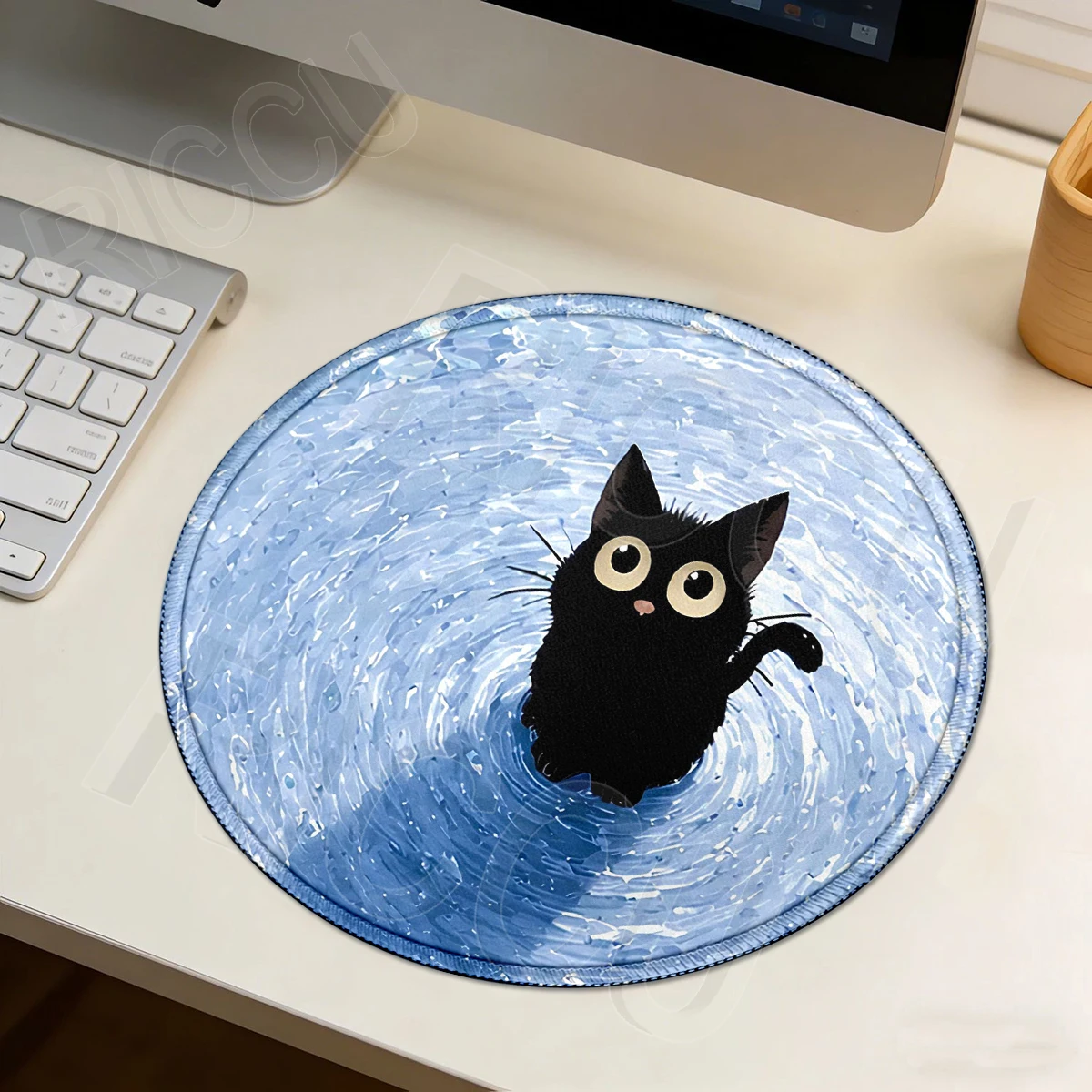 Anime Cute Black Cat In Water Mouse Pad PC Accessories Office Round Table Mat Rubber Anti-slip Mousepad Small XS Decor Desk Pads