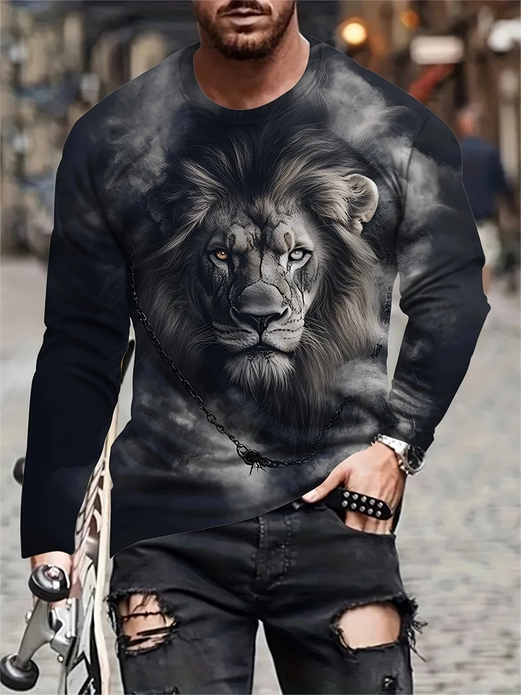 A Powerful King And Lion 3D Printed Men's Casual Round-neck Top, An Urban Street Fashion Men's Autumn T-shirt, Simple And Casual