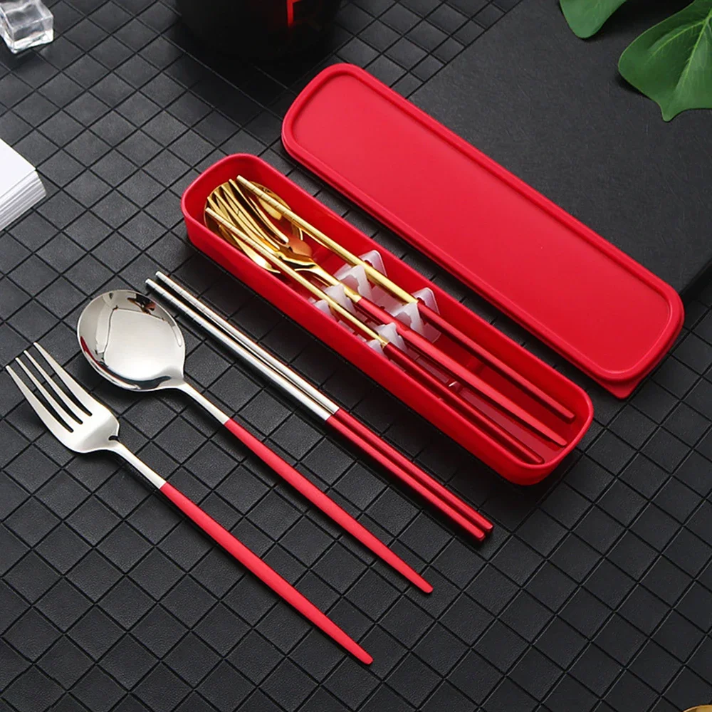 4Pcs Gold Portable Tableware Cutlery Set With Box Spoon Fork Chopsticks Set Stainless Steel Lunch Dinnerware Kitchen Accessories