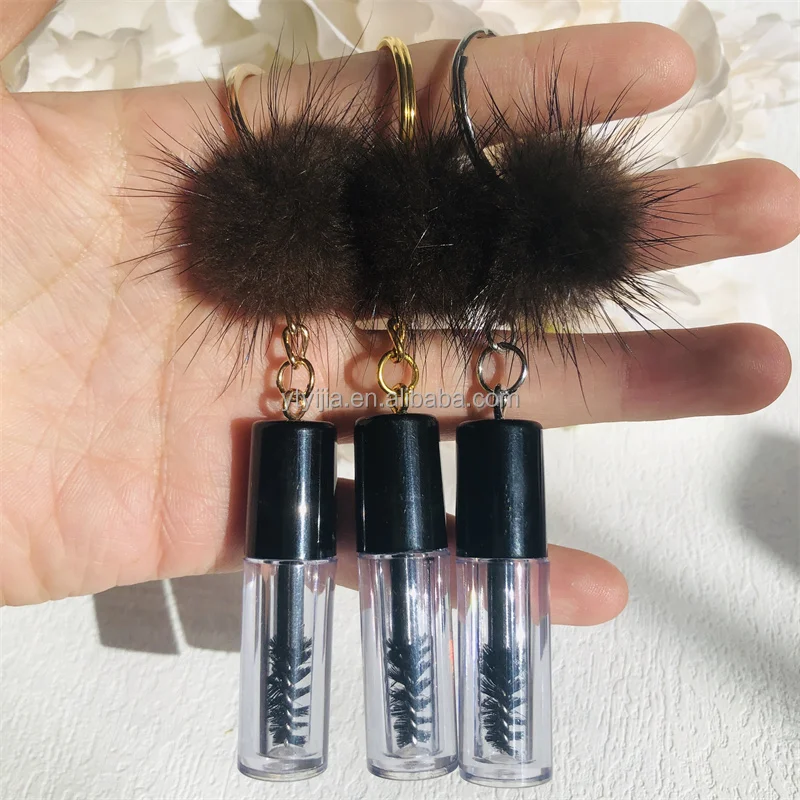 New Popular Vogue Mini Eyelash Brush Custom Logo Key Ring Mini Mascara Wand With puff ball Pink White Black