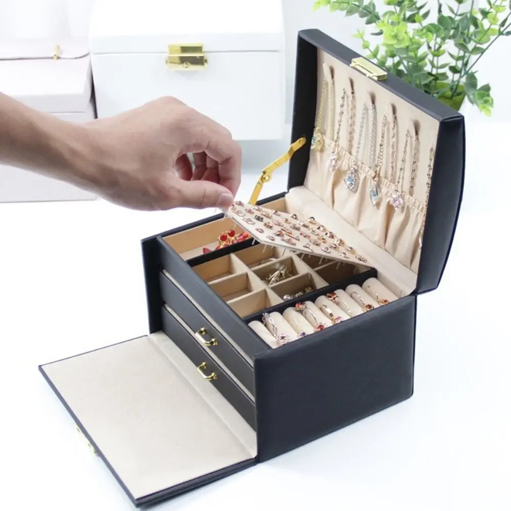 

Three layer Woman Jewelry Box Large Capacity Drawer style Bracelet Ring Box Leather with Lock Earrings Bracelets Display Stand