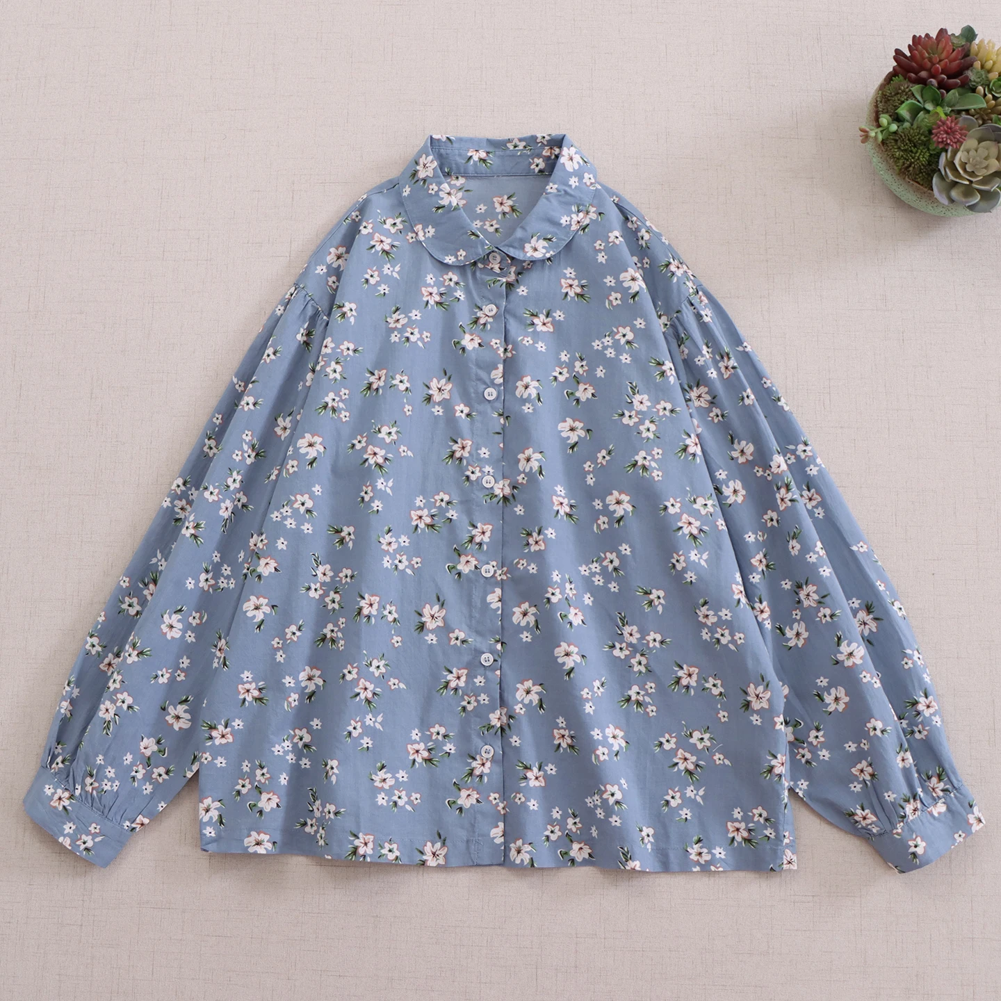 

Japanse Sweet Mori Girl Floral Printed 100% Cotton Shirts Women Autumn Cute Peter Pan Collar Long Sleeve Casual Loose Blouse Top