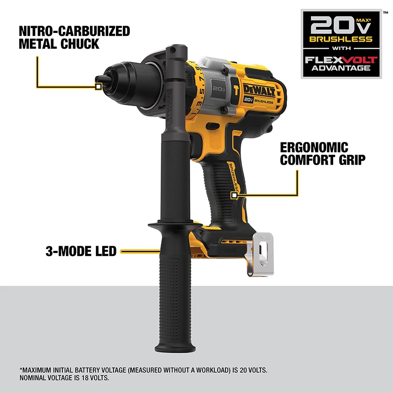 DEWALT DCD999 Cordless Hammer Drill Flexvolt Advantage 20V MAX 1/2-Inch Impact Ice Electric Drill Tool Only LED Spotlight