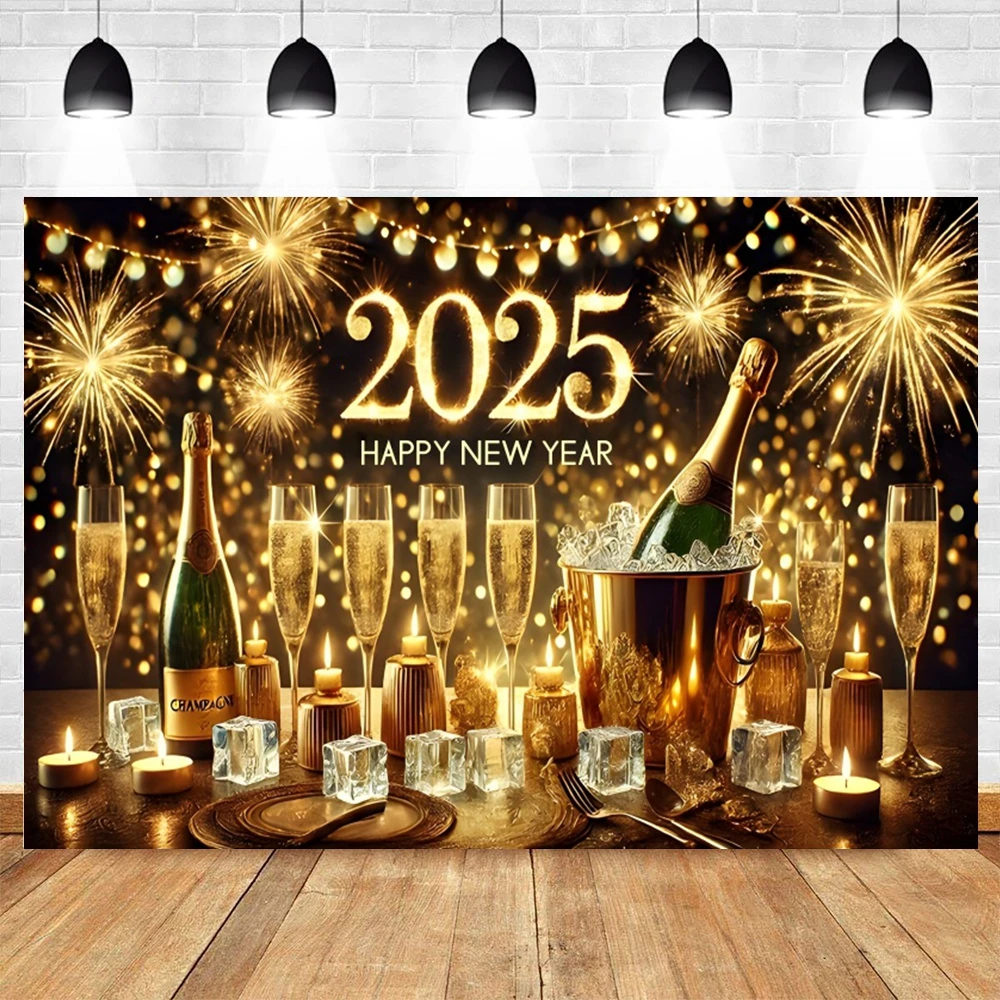 2025 New Year\'S Decor Backdrop Fireworks Champagne Golden Balloon Banner Celebrate Party Family Poster Photography Background