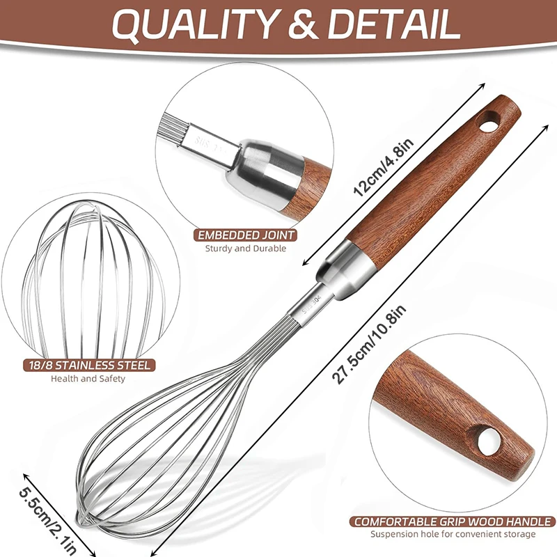 Stainless Steel Wire Whisk, Kitchen Egg Beater for Blending Whisking Beating Frothing Stirring Batters, Wooden Handle