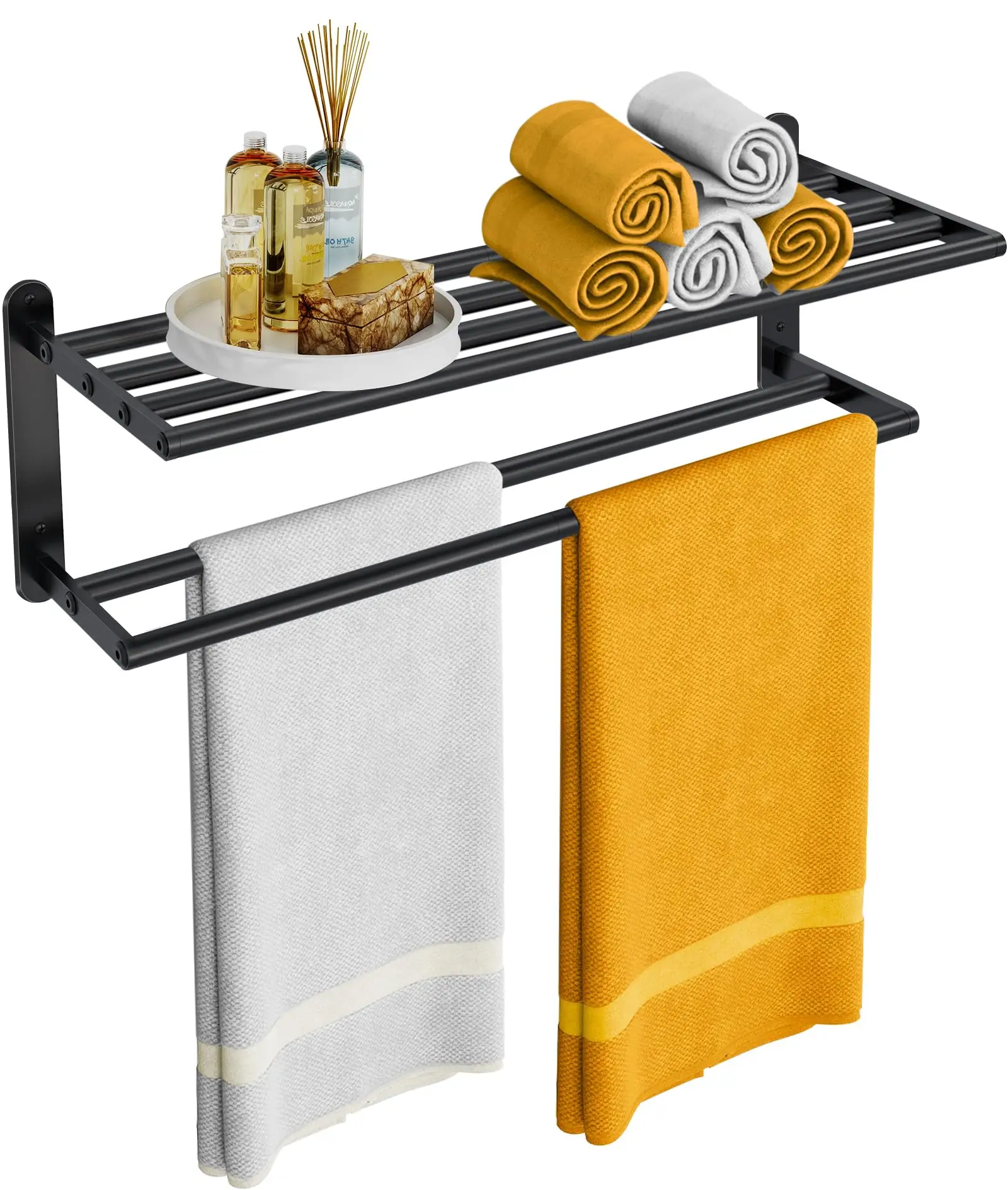 

Double Towel Rack With Shelf For Bathroom Wall Mounted Matte Black Stainless Steel 24 Inch