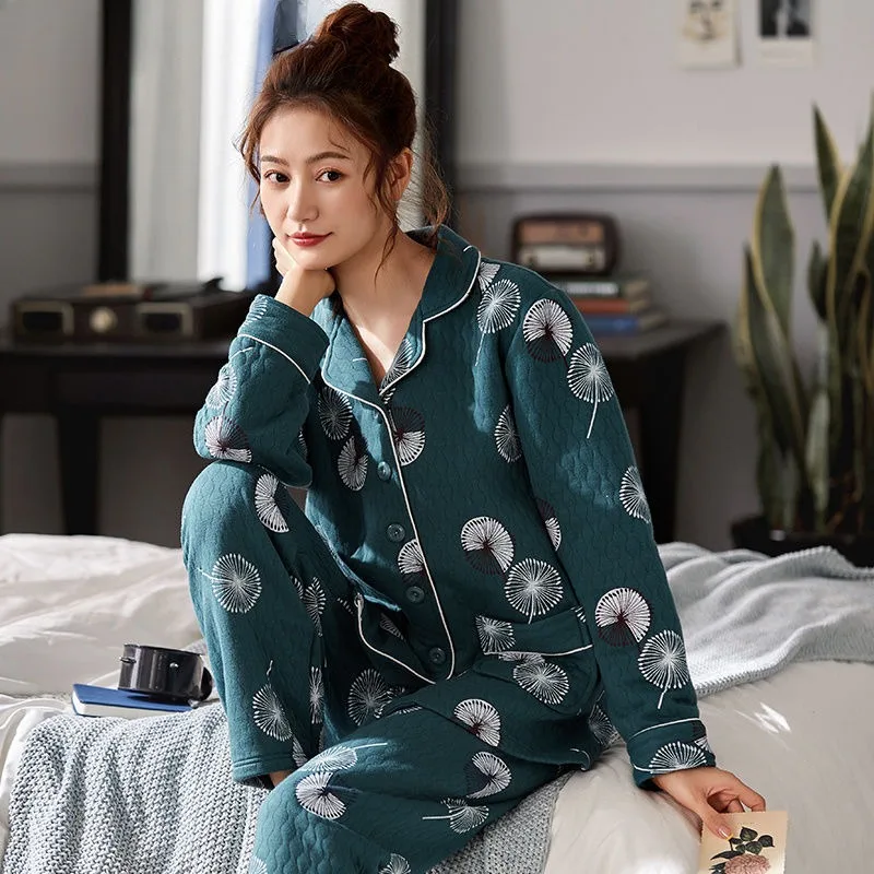 

2024 New Women Sandwich Pajamas Autumn Winter Loose Long Sleeve Casual Homewear Middle-Aged Mom Large Size Warm Sleepwear Suit