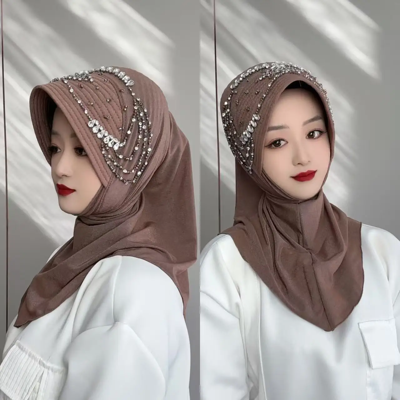New Muslim Star Tao yarn fabric handmade convenient scarf with pull-on sponge hat brim and hand-sewn rhinestones