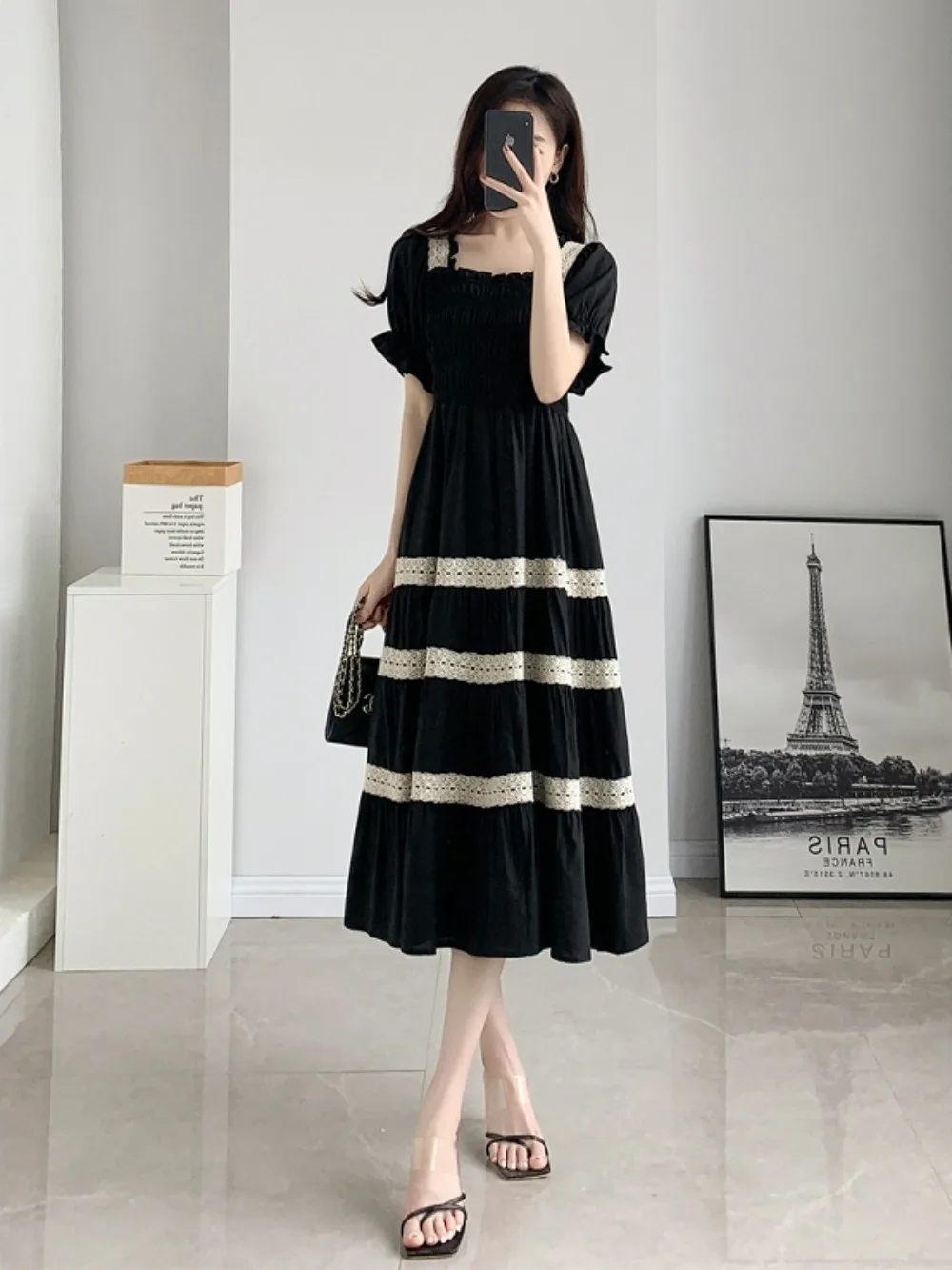 

Black Square Neck Midi Dress Light Luxury Sartorial Elegance Audrey Hepburn Inspired Adiaphora Summer Evening Formal Gown