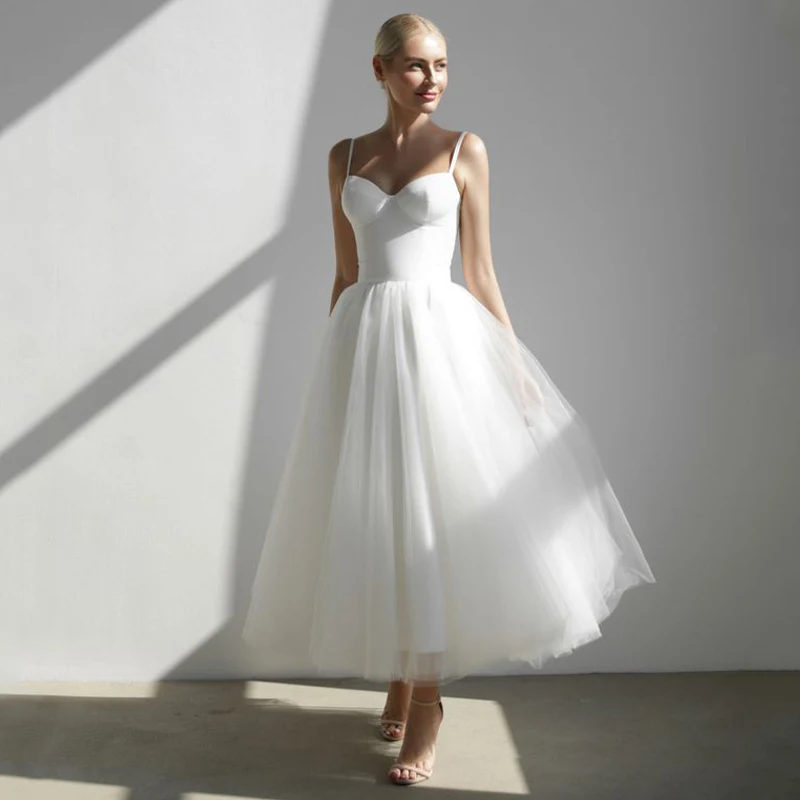 

Simple Sweetheart Spaghetti Straps Tulle A-Line Tea-Length Evening Dresses Prom Gowns Robe De Soiree