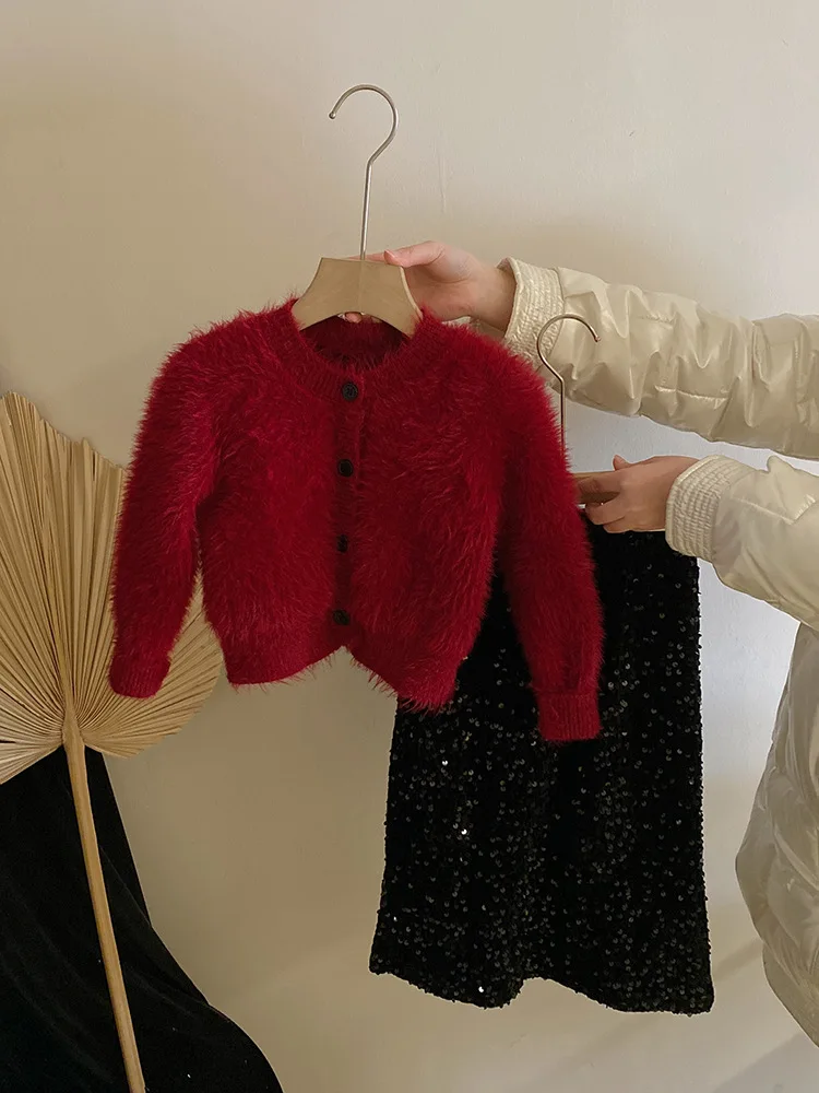 

Girls' Elegant Red Faux Mink Wool Cardigan Sweater Autumn Winter New Fleece Sequin Skirt Set Trendy