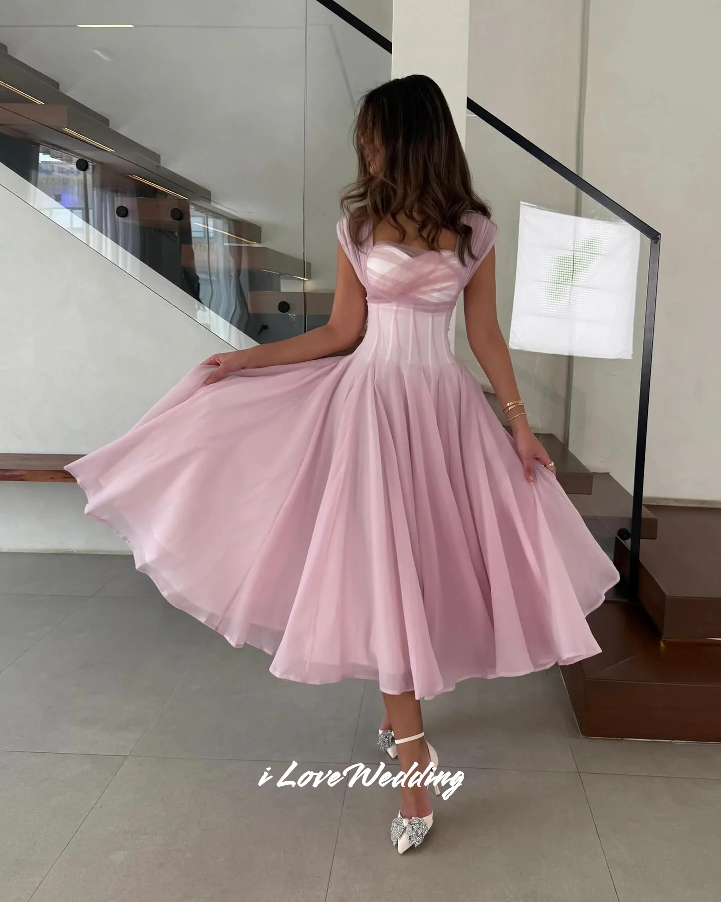 

Pink Sweetheart Cocktail Dresses 2025 Cap Sleeves A-Line Tea-Length Prom Dresses Pleated Draped Wedding Party Dresses Customized