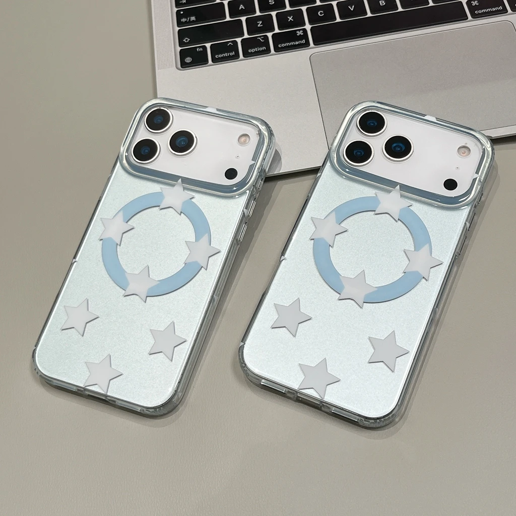 Funda Protectora Magnética Inalámbrica para iPhone 17 16 15 Pro Max, Diseño Coreano Azul Claro Mate con Estrellas, Resistente a Impactos