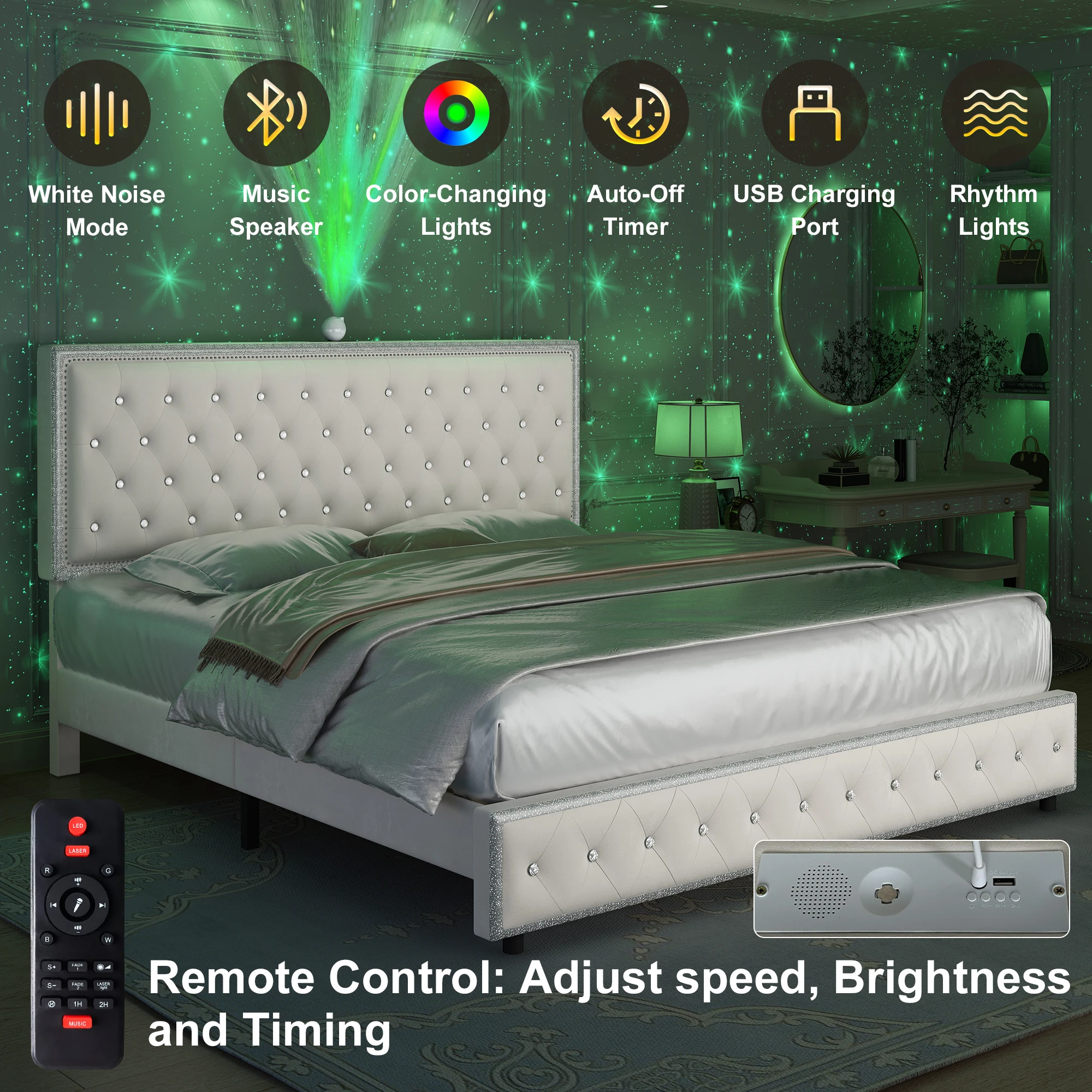 GEGOFORU Full LED Bed Frame with Galaxy Projector, Rivet Trim Headboard, Wood Slats, No Box Spring Needed, Velvet Gray
