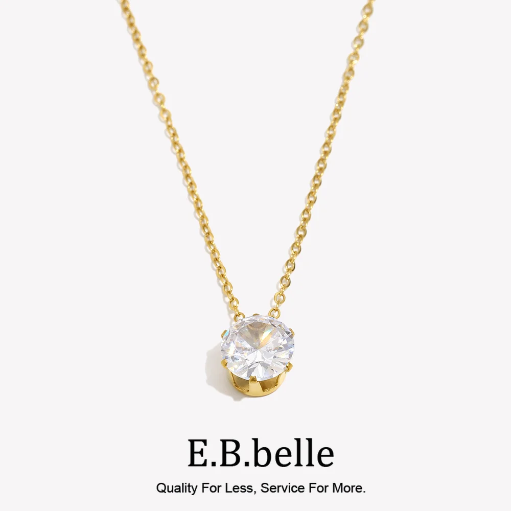 E.B.belle  Stainless Steel PVD Plated 3A Zircon Stone Crown Pendant Necklace Ladies Minimalist Weddng Party Crystal Necklace