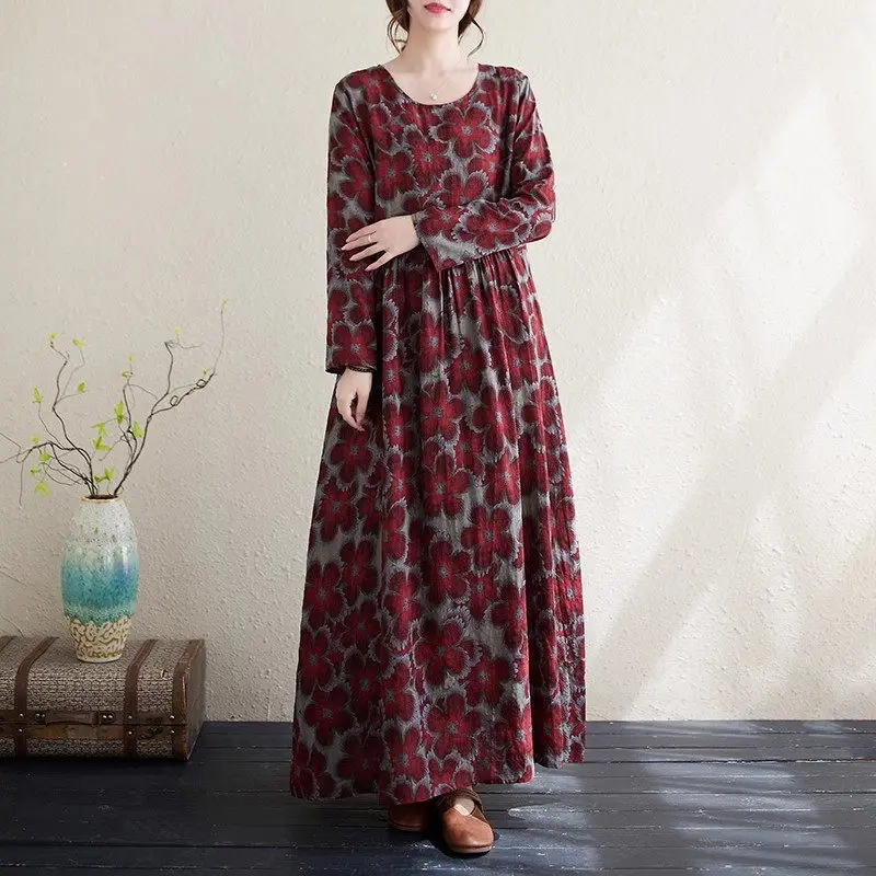 Robe longue en lin de coton imprimé rétro, style ethnique, grande taille, robe adt, manches longues, col rond, mode décontractée, automne, 2023, Z2982