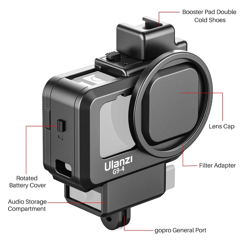 Ulanzi G9-4 GoPro 10 9พลาสติกกล้องสำหรับ GoPro Hero 9สีดำกรณี Mic และเติมแสงเย็นรองเท้า Vlog อุปกรณ์เสริม