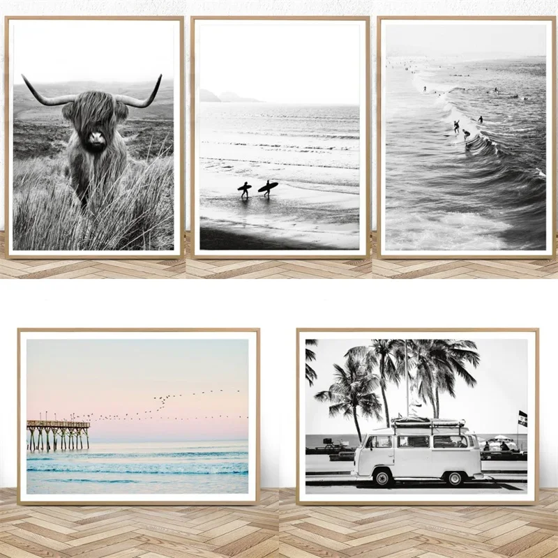 (No frame)Camper Van Beach Print Surf Art Boho Decor Retro Black and White California Ocean Poster and Prints Modern Living R