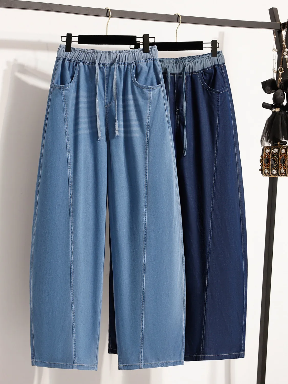 

Retro plus Size Thin Silk Denim Pants Women Summer Color Block Elastic Waist Belt Casual Knife Pants Slimming Long Trousers