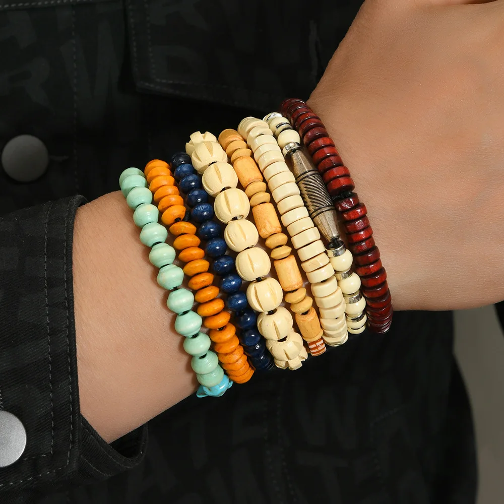 Мужской браслет из 8 предметов ручной работы из бисера, многослойный комбинированный браслет из эластичной нити в богемном стиле с бусинами