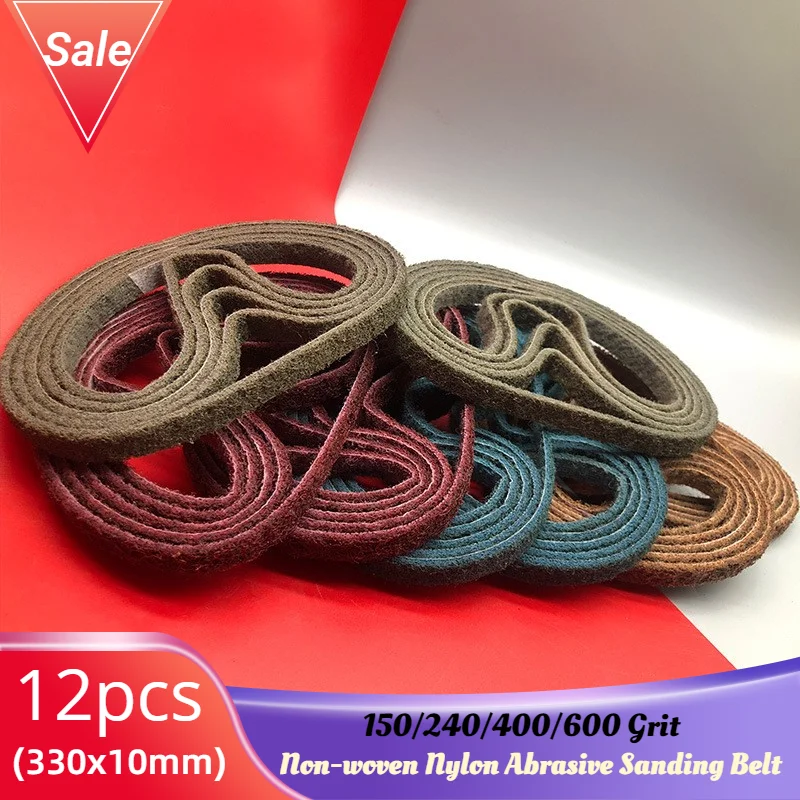 

12Pcs 330x10mm 3/8"x13" Non-woven Nylon Abrasive Belt Sanding Bands Coarse to Fine For Stainless Steel Metal Striping Deburring