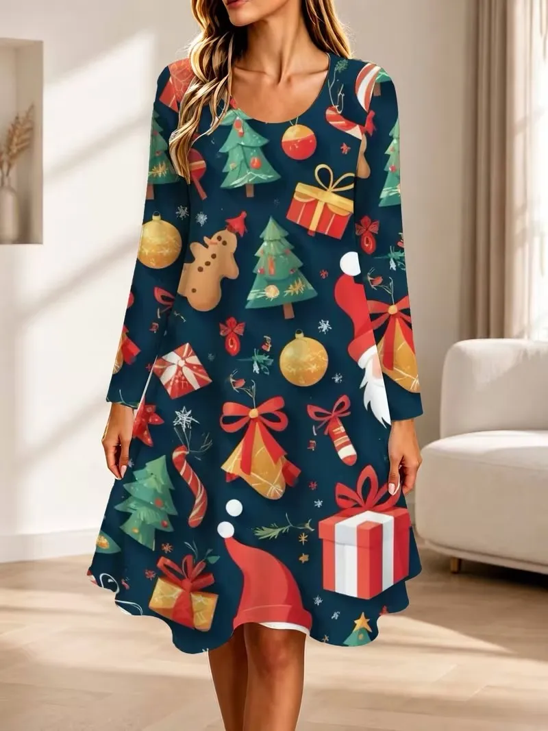 Ladies' autumn long sleeved o-neck casual loose A-line dress, 3D Christmas tree Christmas element New Year Christmas party dress