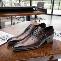 Mens Wedding Dress Brogue Genuine Leather Lace-up Latest Design Fashion Color Match Handmade Leather Man Pointed Dress Shoes