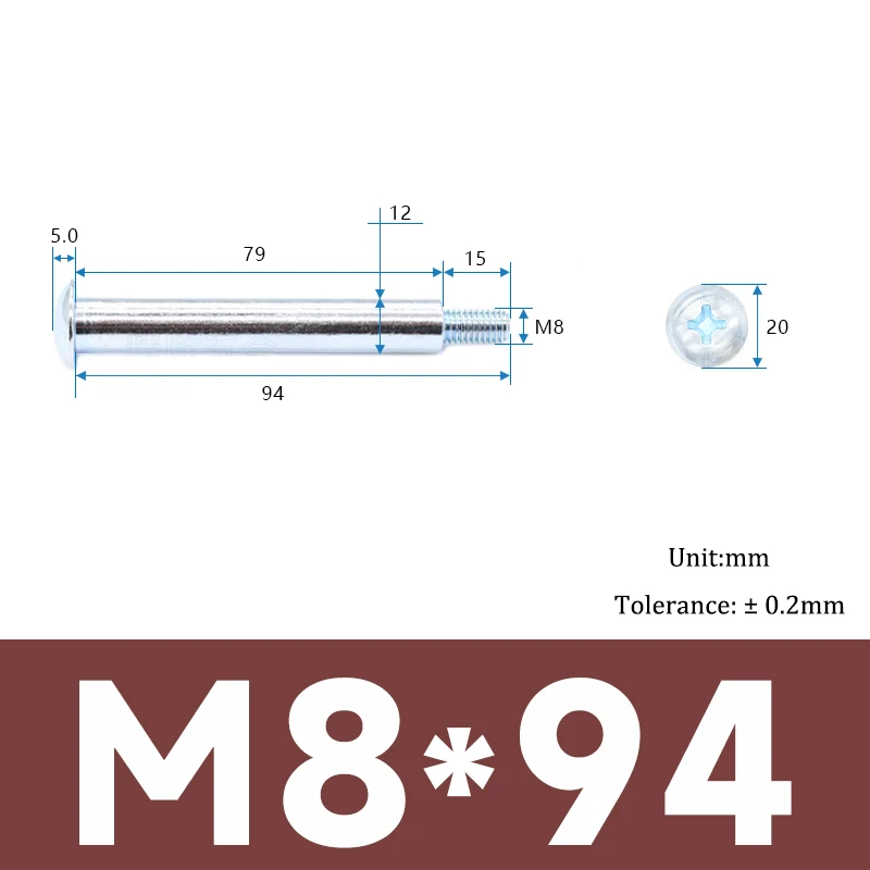 1pcs M8*94mm Phillips Truss Head Large Flat Round Cross Partial Thread Screw Bolt Non Standard Step Screw Blue White Zinc