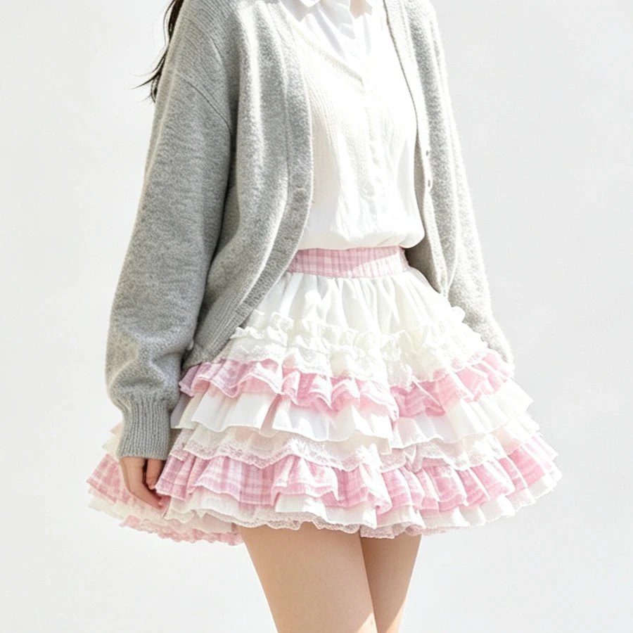 Sweet Kawaii Pink Lace Tiered Cake Mini Skirt Women Elastic Waist Ruffle Puffy Lolita Coquette Summer Flowy Bubble Short Skirt