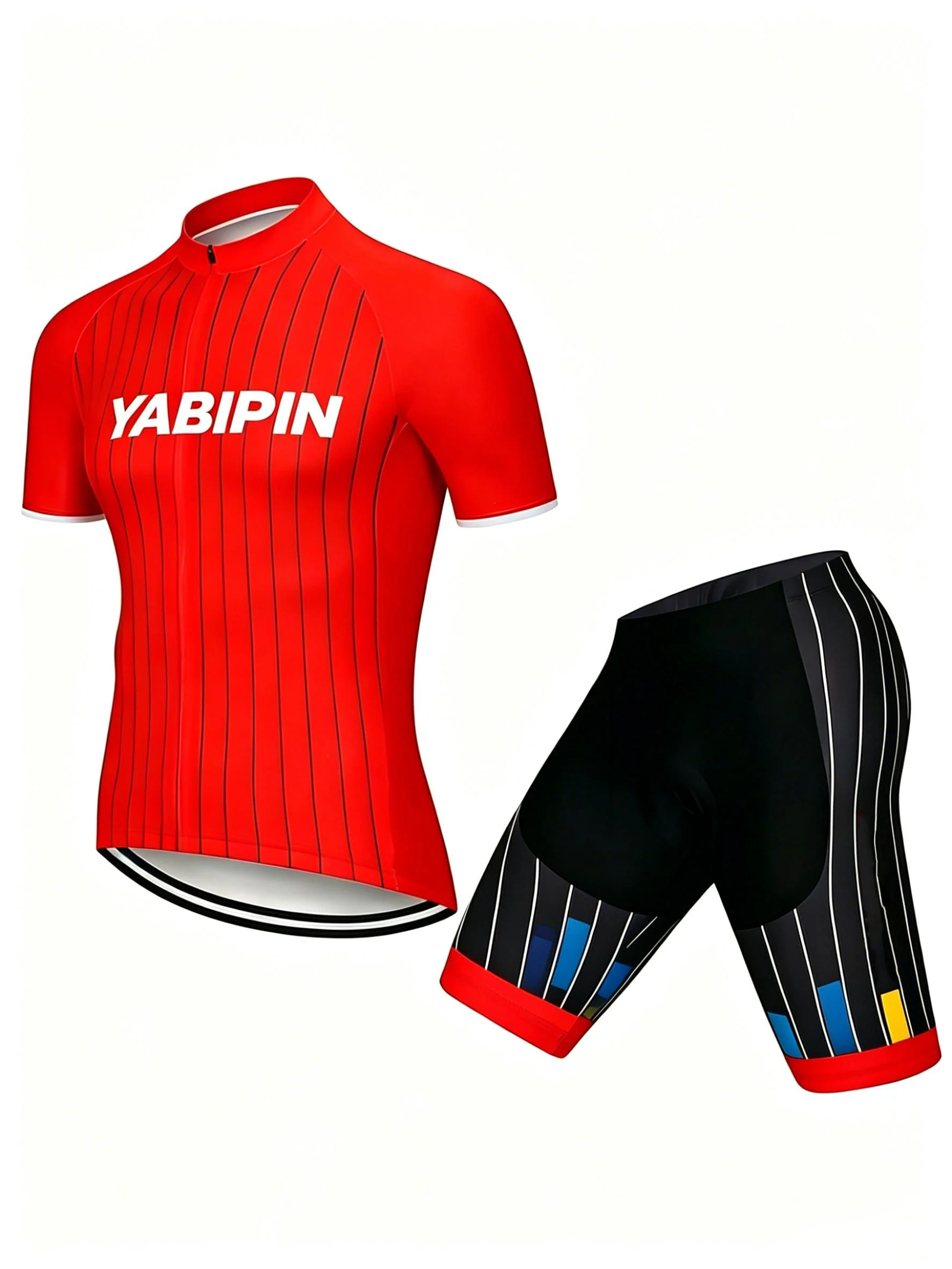 

Men‘s 2 Piece Cycling Outfit, Stand Collar Full Zip Short Sleeve & Shorts, Letter Graphic Bike Suit