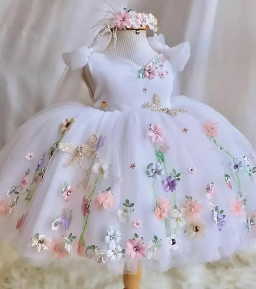 Girl\'s Flower Lolita Princess Dress 2024 New Fashion Butterfly Knot Dew Back Fluffy Dress Birthday Flower Children\'s Clothing