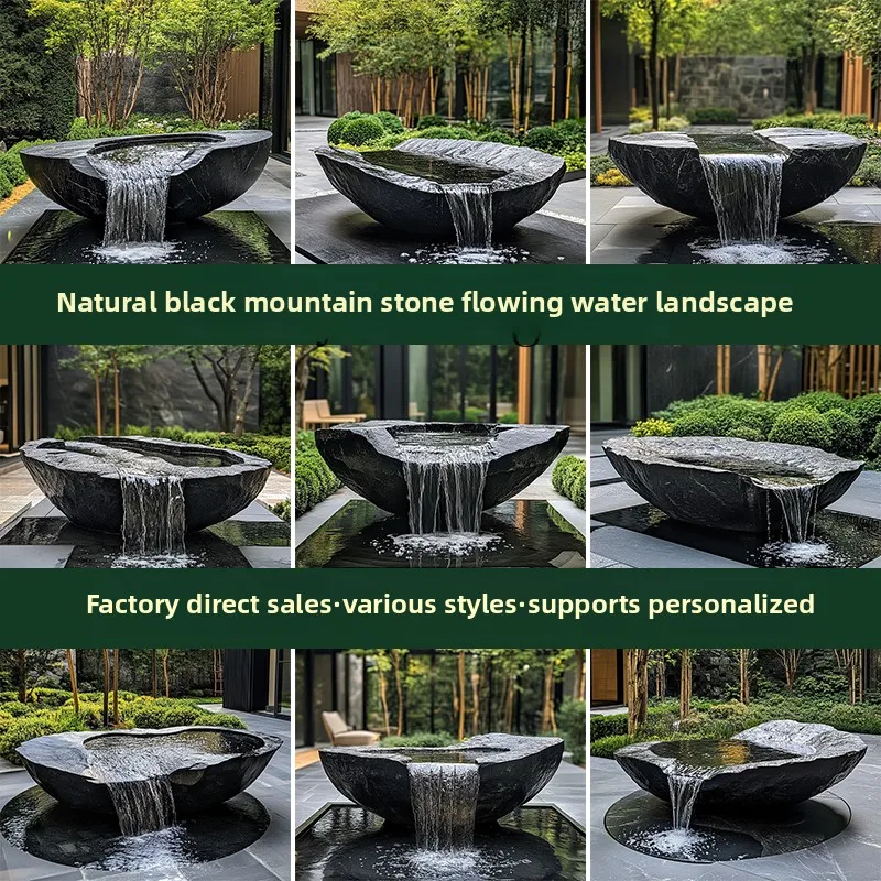 

QQ1 Black Mountain stone water bowl basin courtyard Chinese fountain stone carving water fountain garden water feature ornament