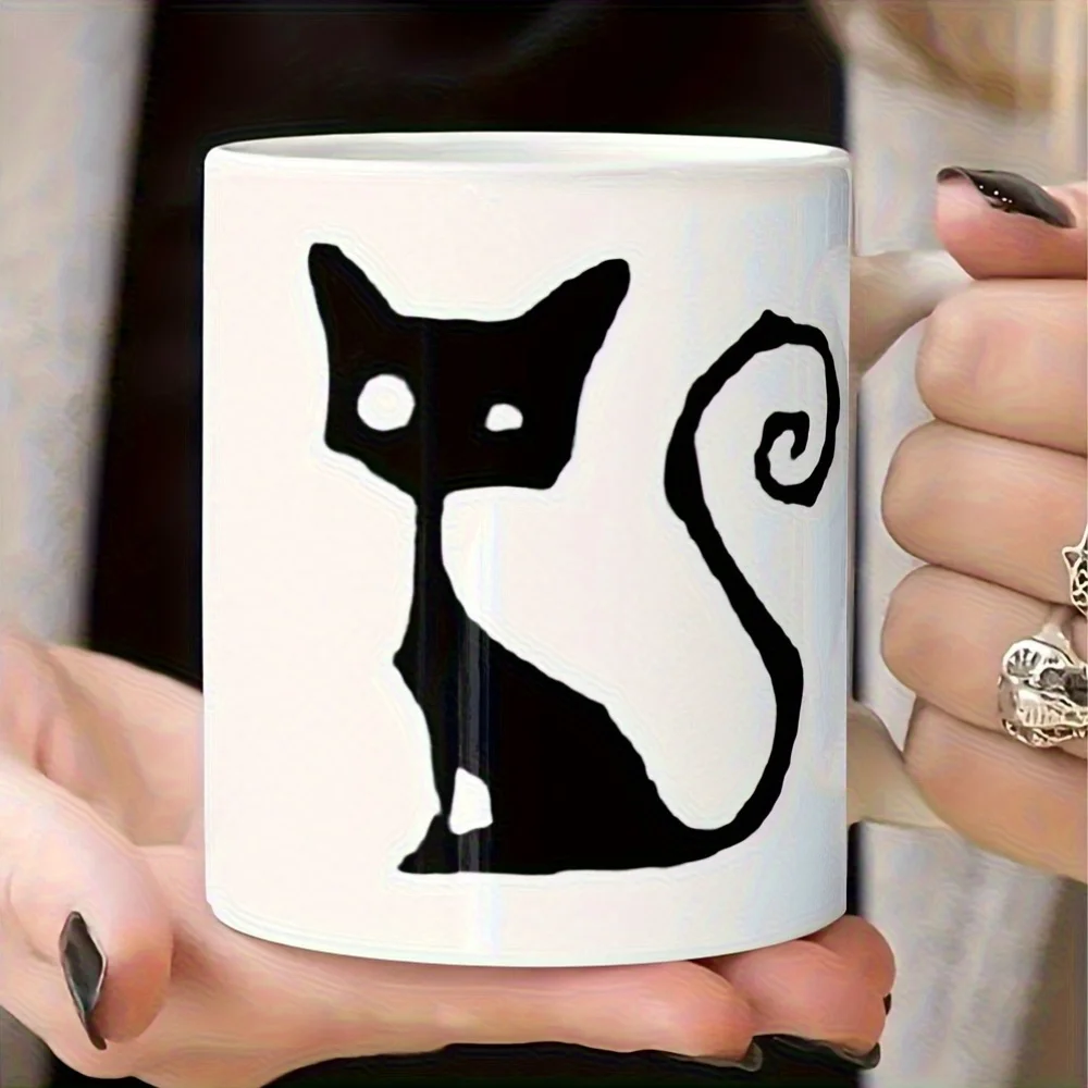 1pc Black cat silhouette mug, ceramic finish, suitable for everyday use at home and in the office.
