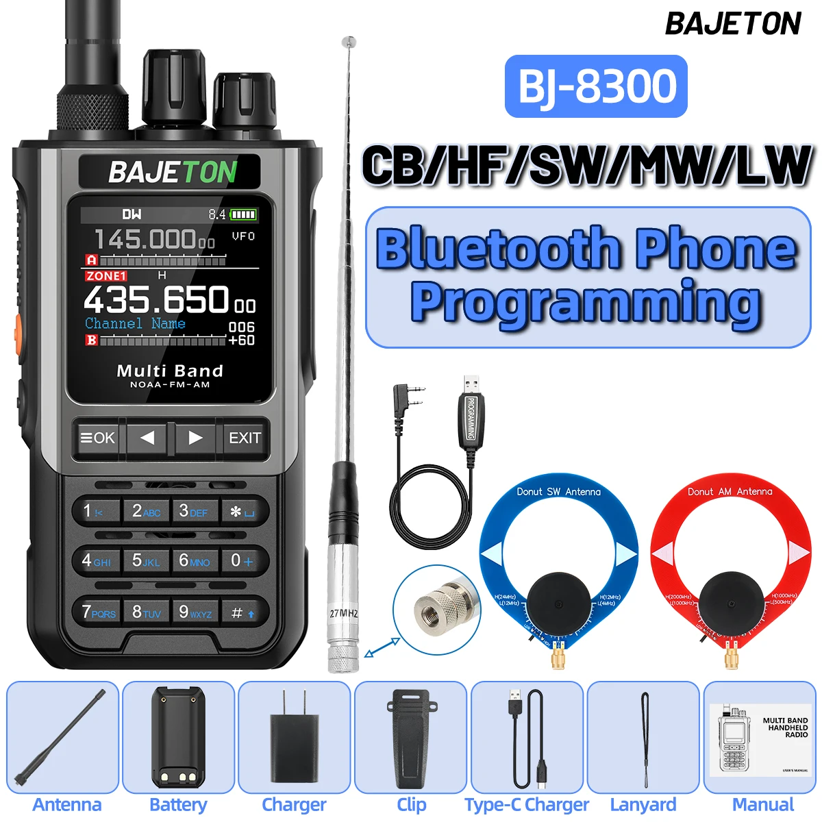 BAJETON BJ-8300 Walkie Talkie 10W Tri Power SW MW LW AM SSB CB Ontvangen Draadloze Bluetooth Telefoon Programmering NOAA twee Manier Radio