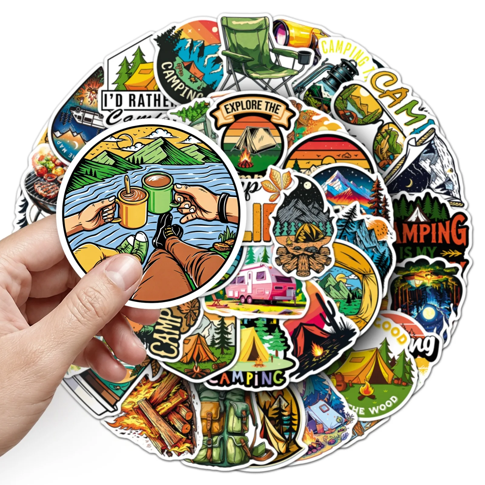 50 Pcs Camping Stickers Outdoor Activity Waterproof Vinyl Decals for Thermos Cup Helmet Laptop Luggage Gift