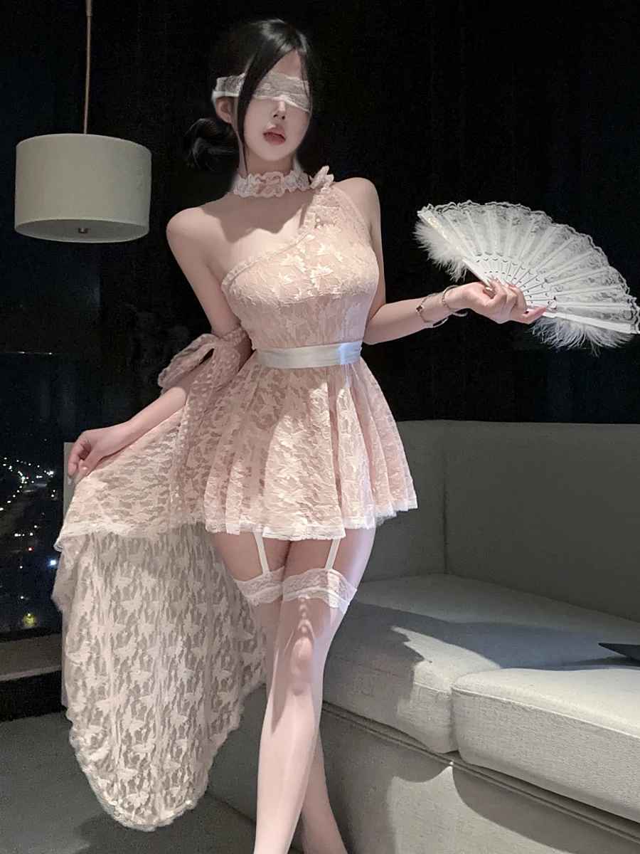 Sexy Sweet Cute Lace Single Shoulder Dress Waist Cinched Pink Night Club Strapless Short Skirt Uniform Set Women's Fashion