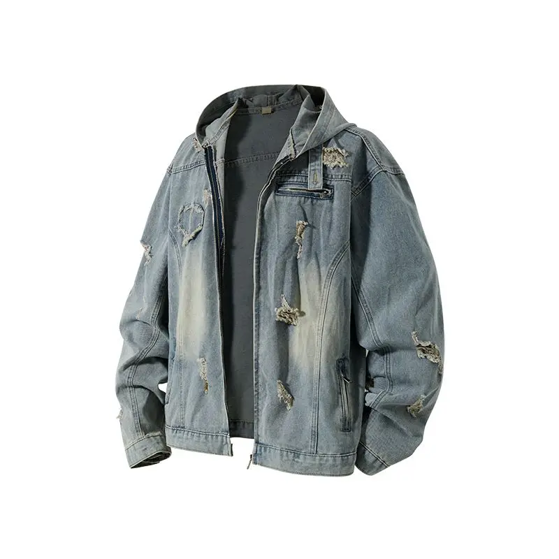 

Осенняя новинка: свободная джинсовая куртка для мужчин с капюшоном в американском ретро-стиле, уличная повседневная удлиненная куртка-жакет из денима