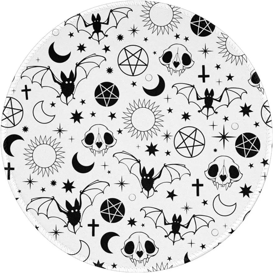 

Halloween Witchcraft Skull Bat Round Mouse Pad with Stitched Edge Non Slip Rubber Base Mouse Mat for Office Laptop 8"X8" inch