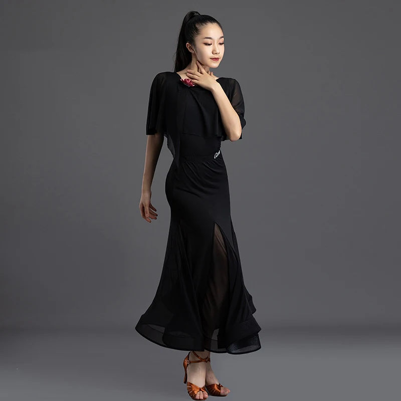 Womens Ballroom Dance Dress Adults Black Mesh Long Skirt Set Waltz Prom Competition Training Wear Dance Practice Dress XH1290