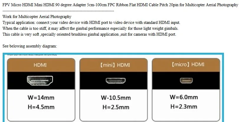 HDMI FPV HDMI Ffc HDMI ริบบิ้นสาย90องศา Mini/Micro HDMI มาตรฐาน HDMI PCB Connector 20pin Fpv Micro Hdmi 5ซม.