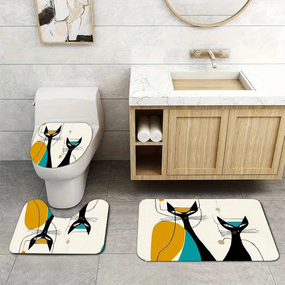 

3pc Retro atomic black cat pattern bathroom set, U-shaped mat, non-slip mat, toilet seat cover, suitable for bathroom decoration