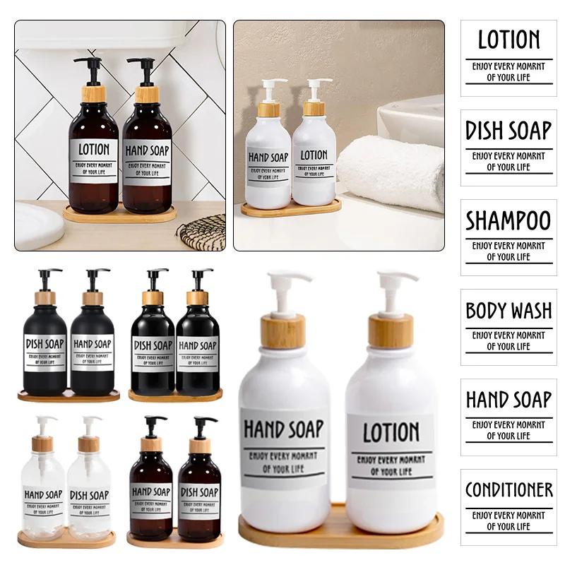 500 ml Seifen-Shampoo-Dusch-Conditioner-Spender, Pumpflaschen mit 6 Etiketten, Bambus-Tablett, nachfüllbar, für Body Wash Badezimmer