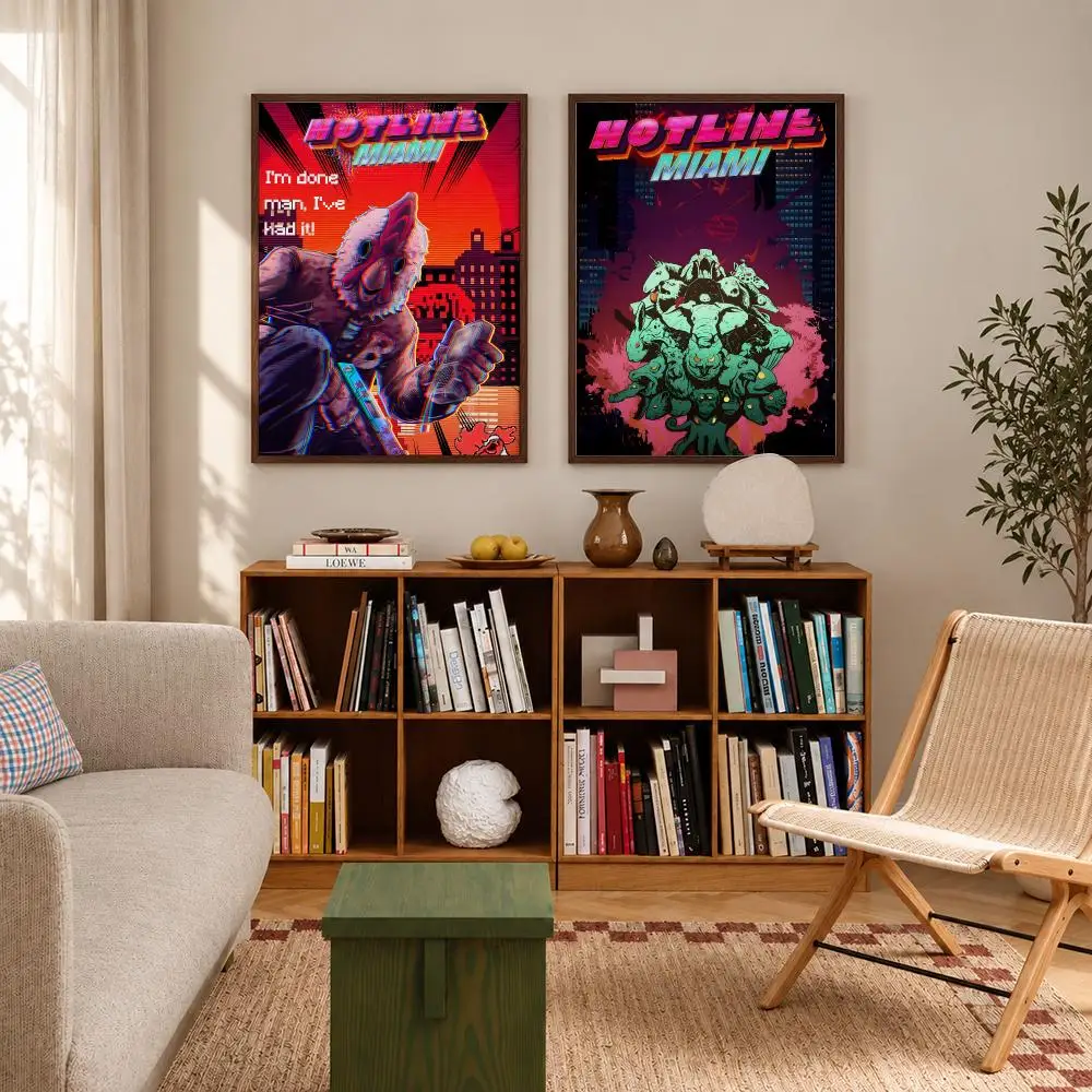 Retro Neon Action Game Hotline Miami Poster Self‑Adhesive Waterproof Poster Sticker Wall Art Home Decor