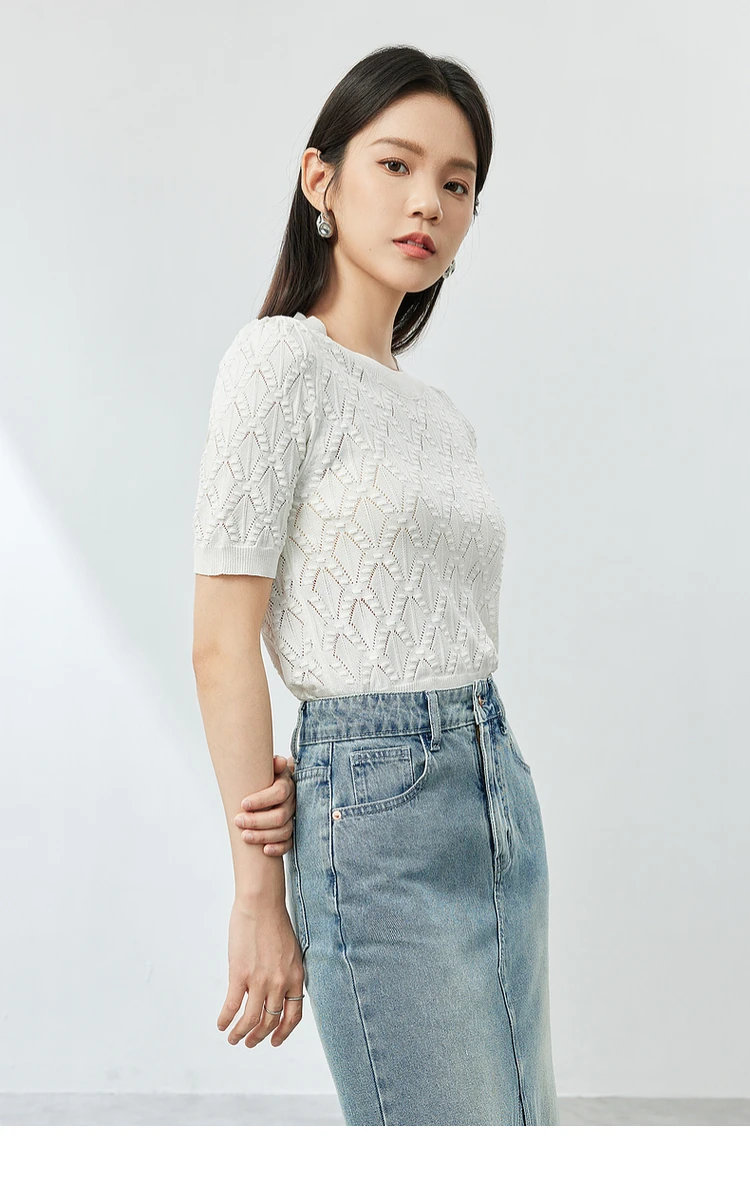 SENTUBILA Argyle Hollow Out Cropped Knitted Pullovers 2024 Summer White Round Neck Short Sleeve Knit Tops For Women W42H54382