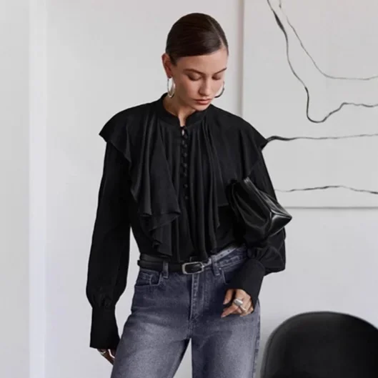 Black Autumn Women's Chiffon Shirt Mandarin Collar Ruffled Loose Fit Long Sleeve Female's Bloue Commuting Oddice Lady's Outwear
