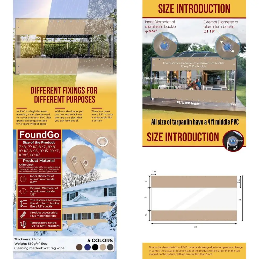 Heavy-Duty 19oz Clear Vinyl Patio Curtains, Waterproof PVC Tarps with Grommets for Outdoor Spaces, Cold-Resistant to -4°F