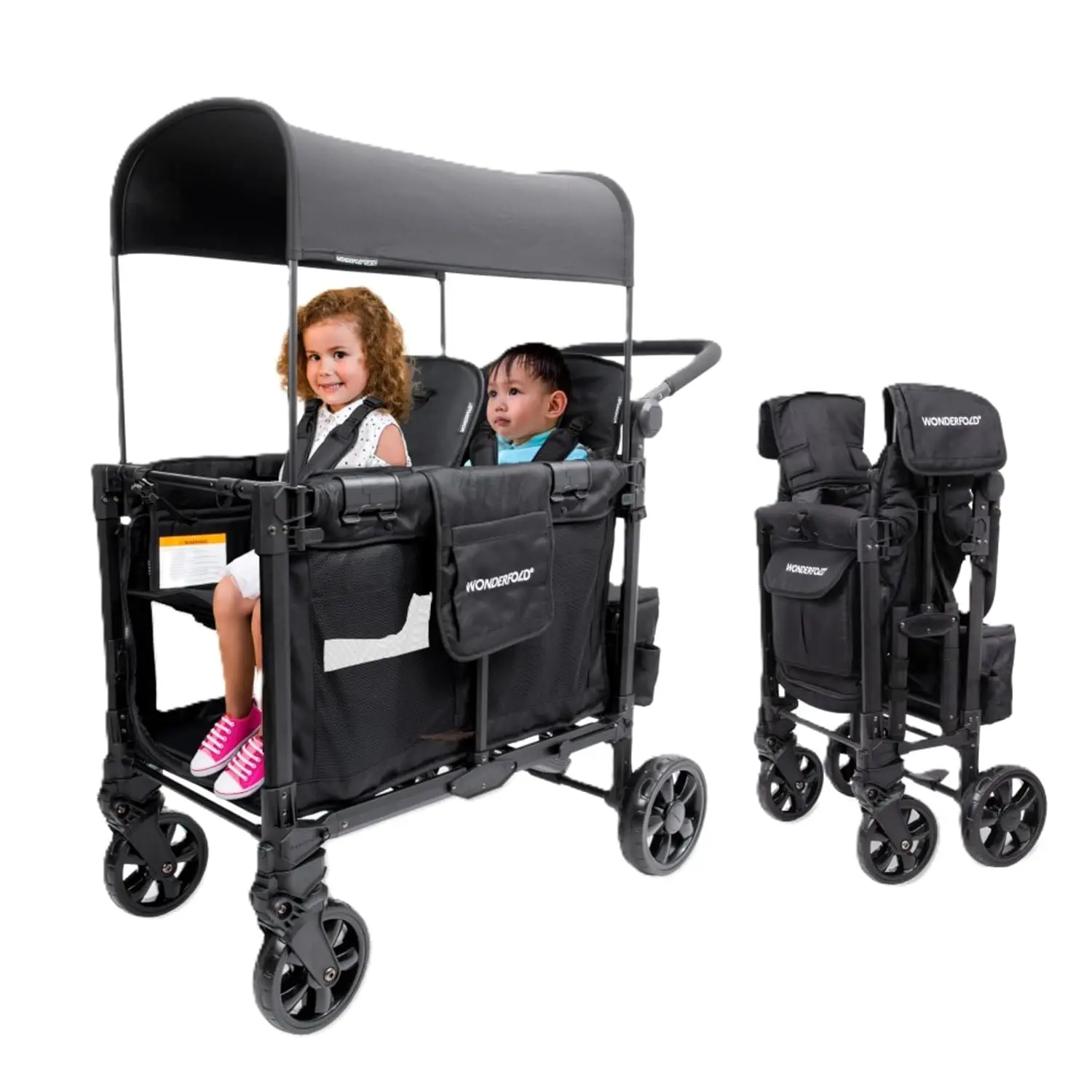 

Складная коляска-тележка с сиденьями, 5-точечными ремнями безопасности, регулируемой ручкой для толкания и регулируемым солнцезащитным козырьком, цвет угольно-серый