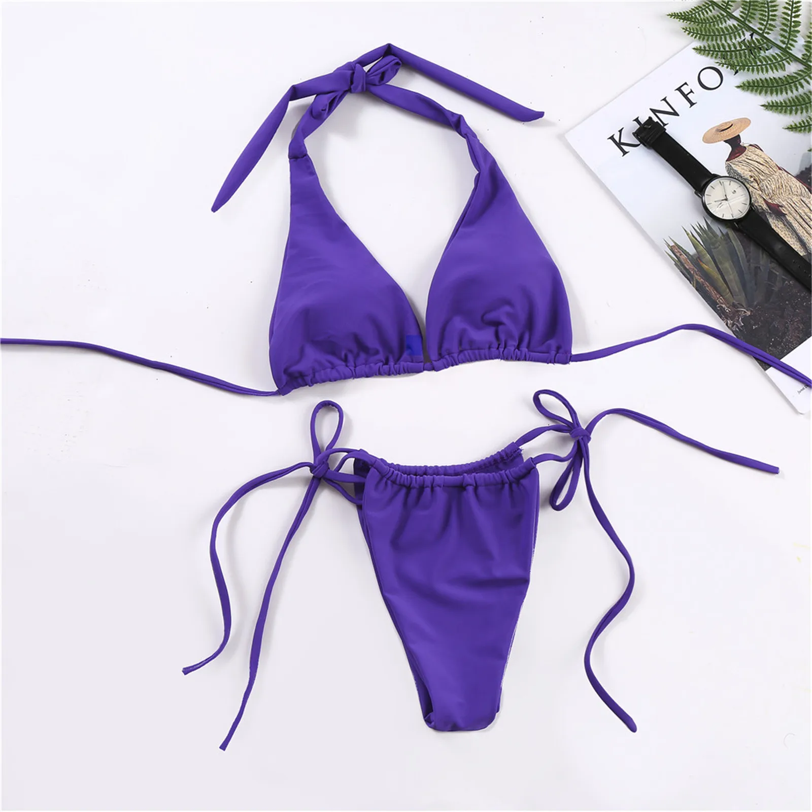 

Micro Bikinis Set Women's 2pcs Solid Lace Up Sexy Bikini Thongs Swimwears Tankinis Set Solid Color Chest Pad Swimsuit For Women