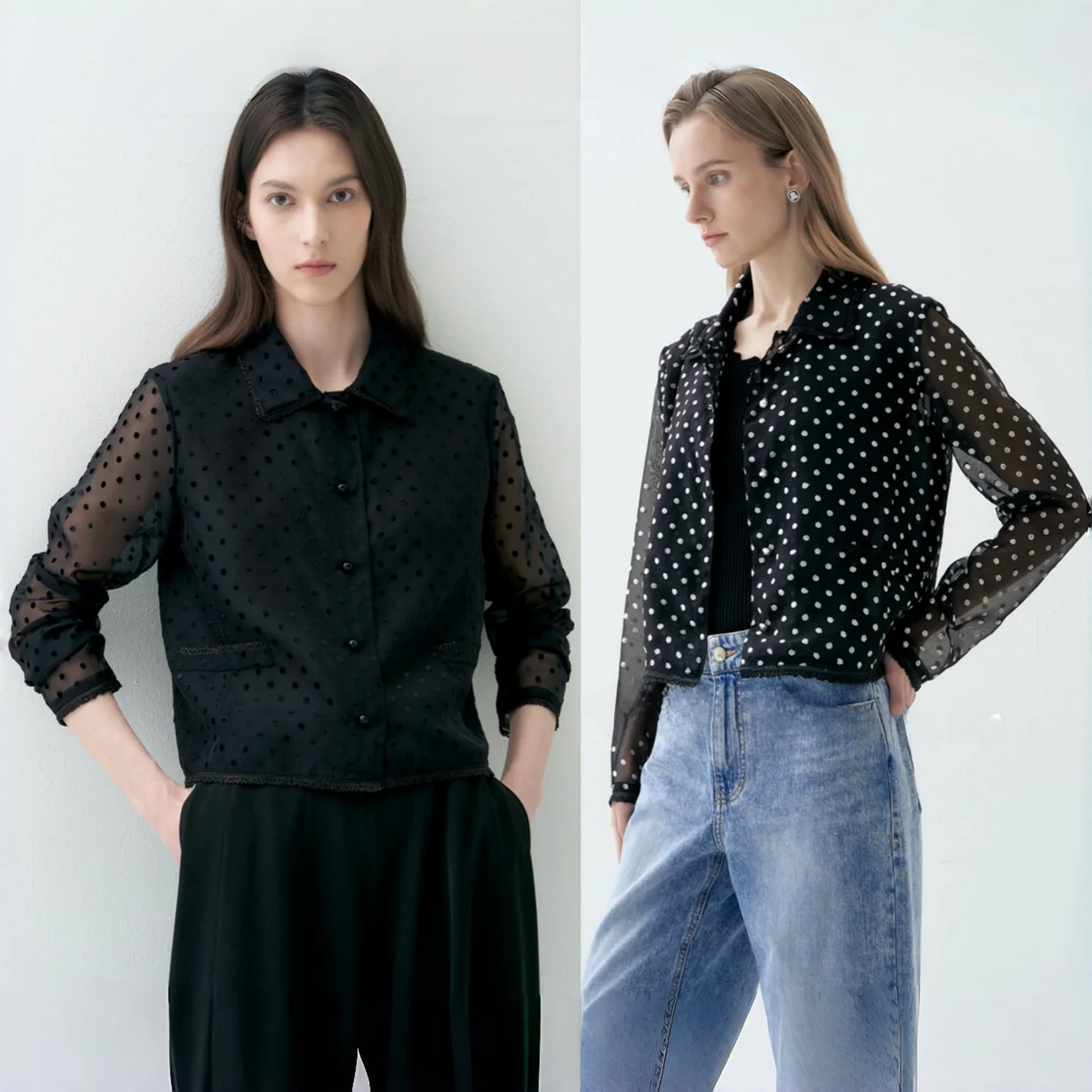 

Classic Transparent Shirt Polka Dot Encounter through Misty Collar Commute Versatile Slimming Top Small Shirt Blouse